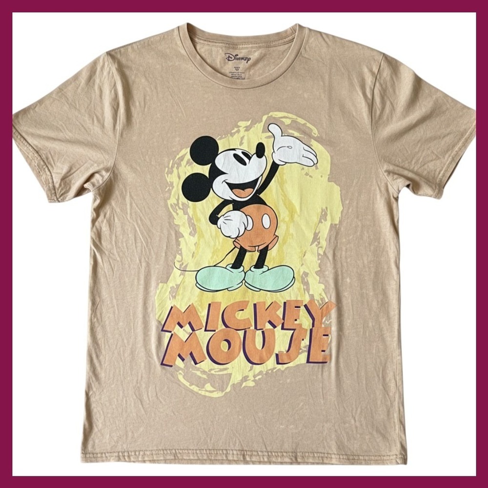 Disney Mickey Mouse Tan Acid Wash Graphic T-Shirt Large Short Sleeve Tee